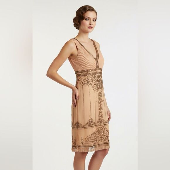 Sue Wong Nocturne Beaded Illusion Mini Dress Size 4 Peach Nude Sequin Showgirl - Picture 1 of 9